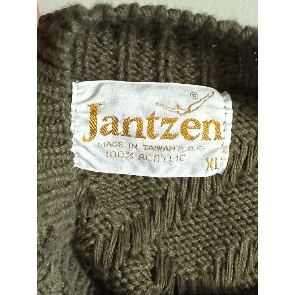 Vintage Jantzen Fisherman Cable Knit Mock Neck Sweater Womens XL Olive‎ 70s